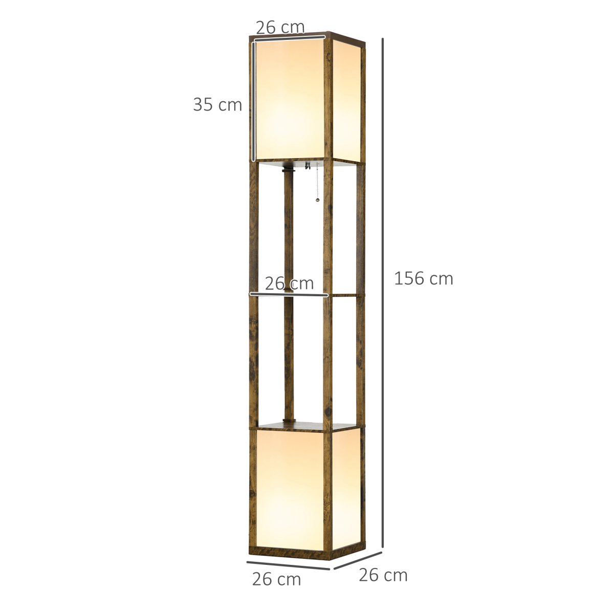 HOMCOM brown shelf floor lamp with dual lights and two display shelves in a stylish living room setting.