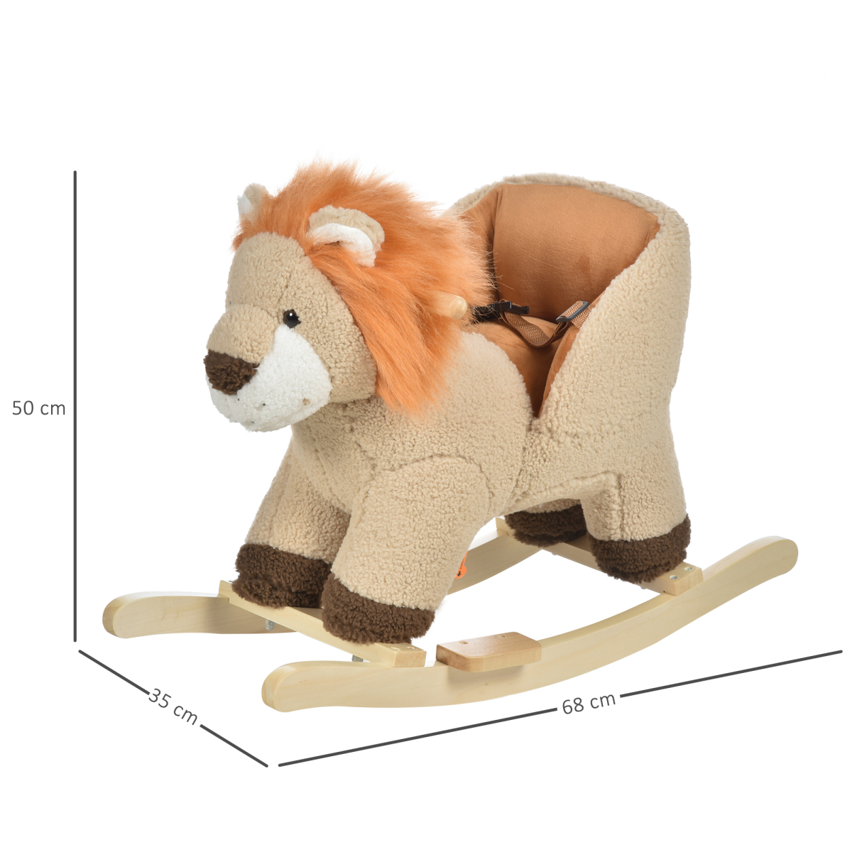 Kids rocking lion plush ride-on by FunZone, featuring a sound button and seat belt for ages 18-36 months.