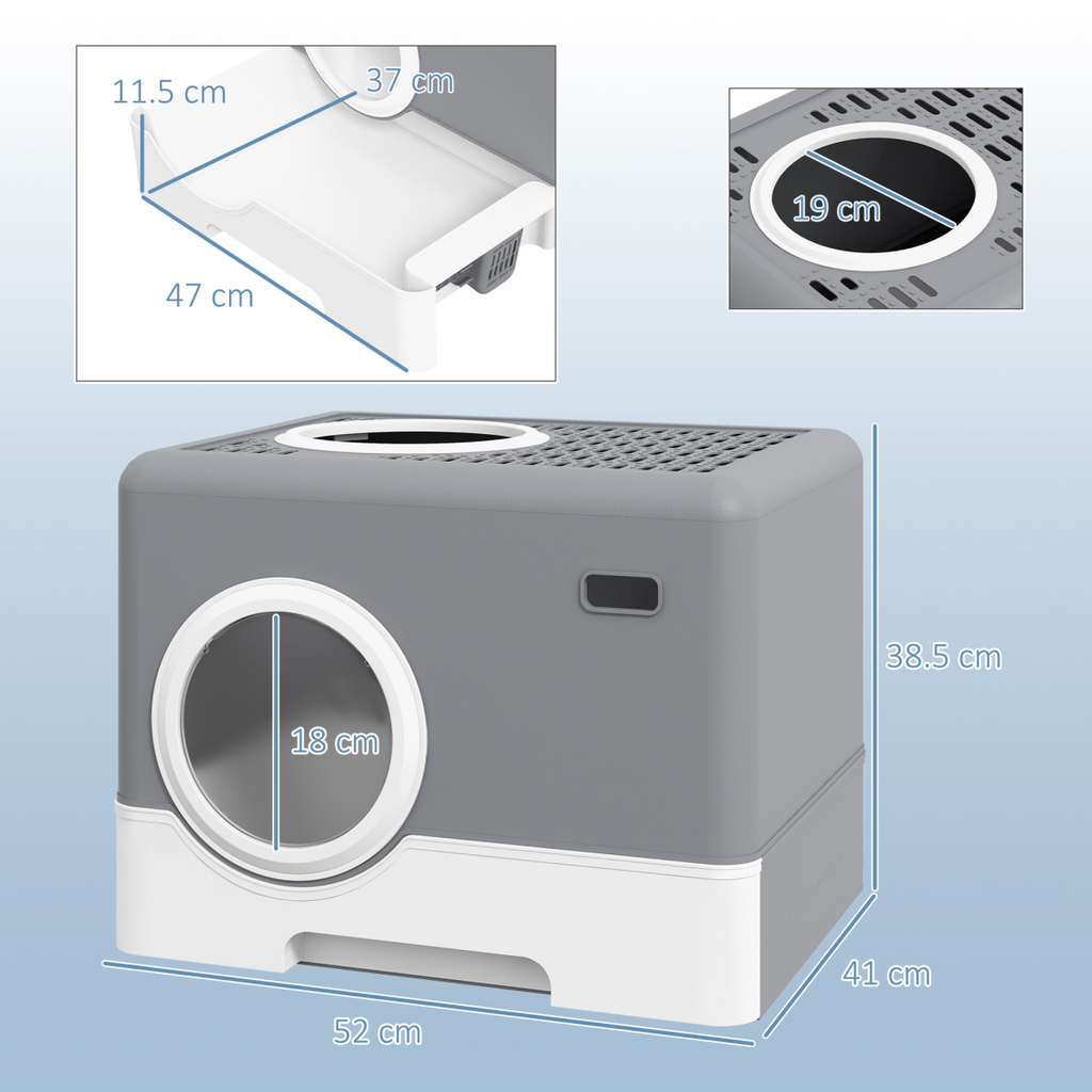 PawHut Enclosed Cat Litter Tray with Lid, Front Entry, Top Exit, Scoop - Grey
