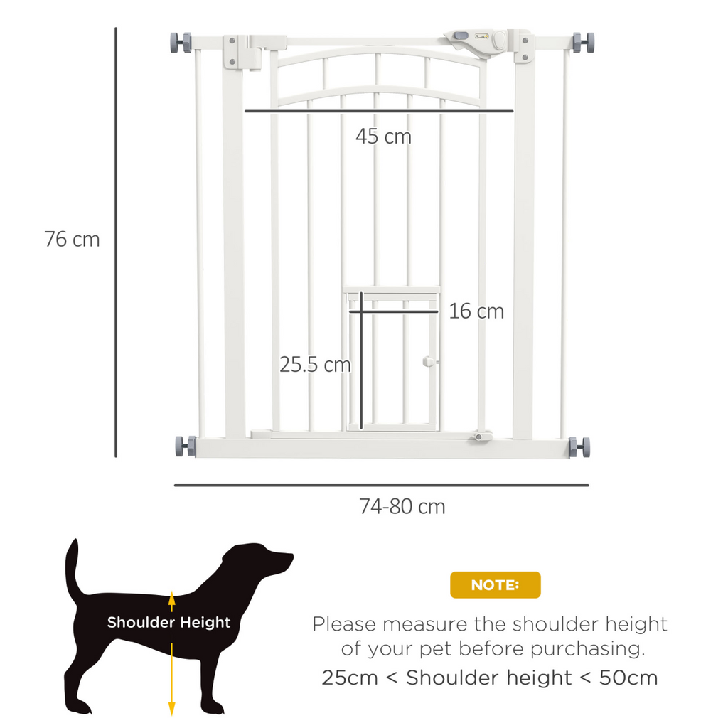 PawHut pressure fit safety gate with small cat door opening, adjustable from 74-80cm, ideal for pet containment.