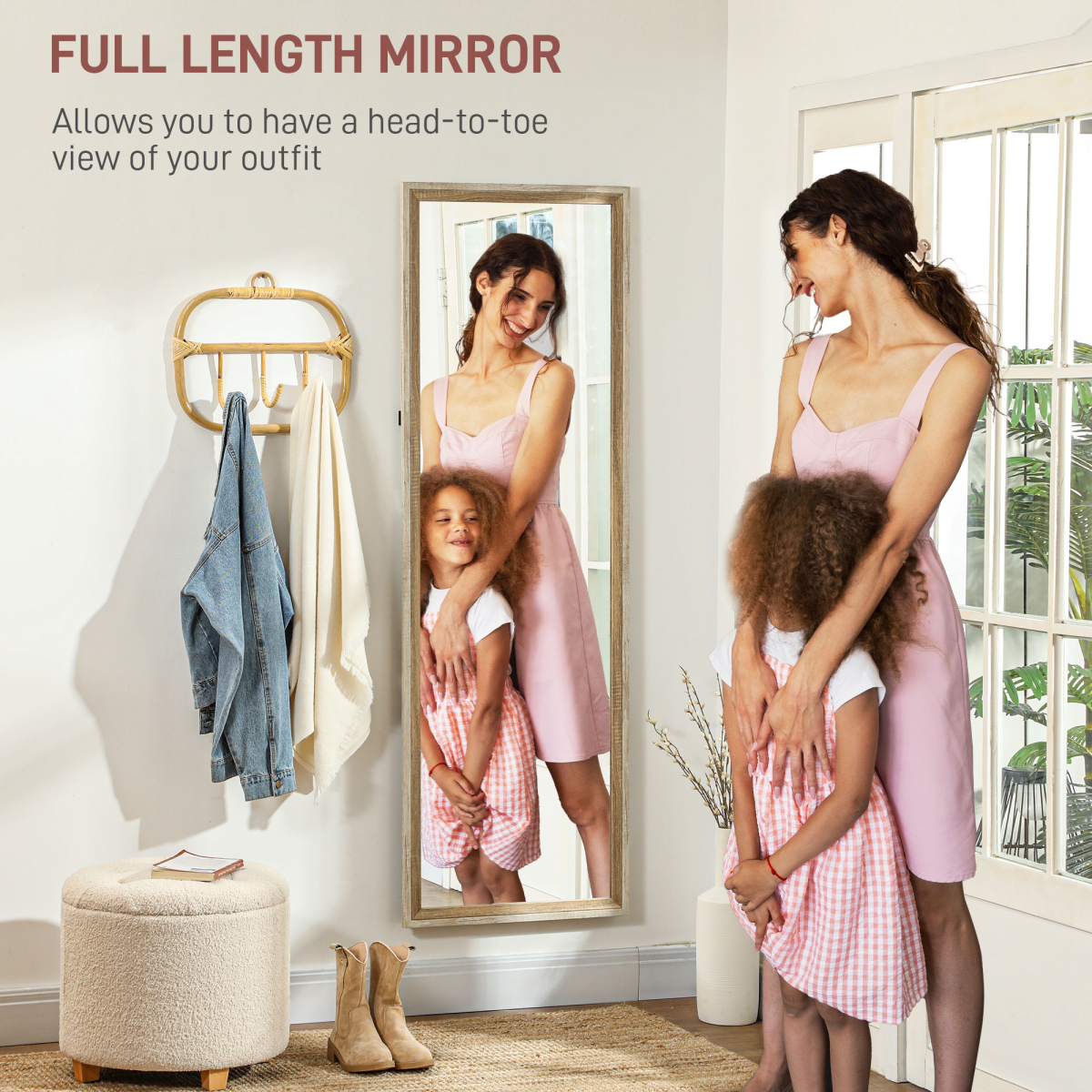 Full Length Mirror Oak Frame - 163x53cm - Standing Leaning Wall Mount