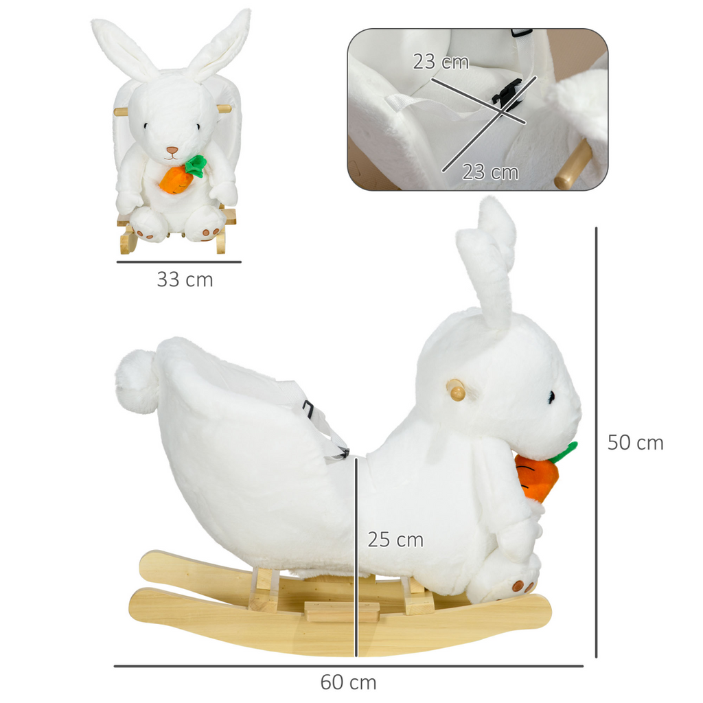HOMCOM kids rabbit-shaped rocking horse in white with safety belt and realistic sounds, featuring soft ears and a plush body.