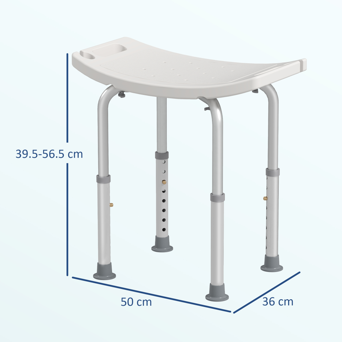Adjustable height aluminum mobility shower stool with non-slip surface, ideal for safe bathing support.