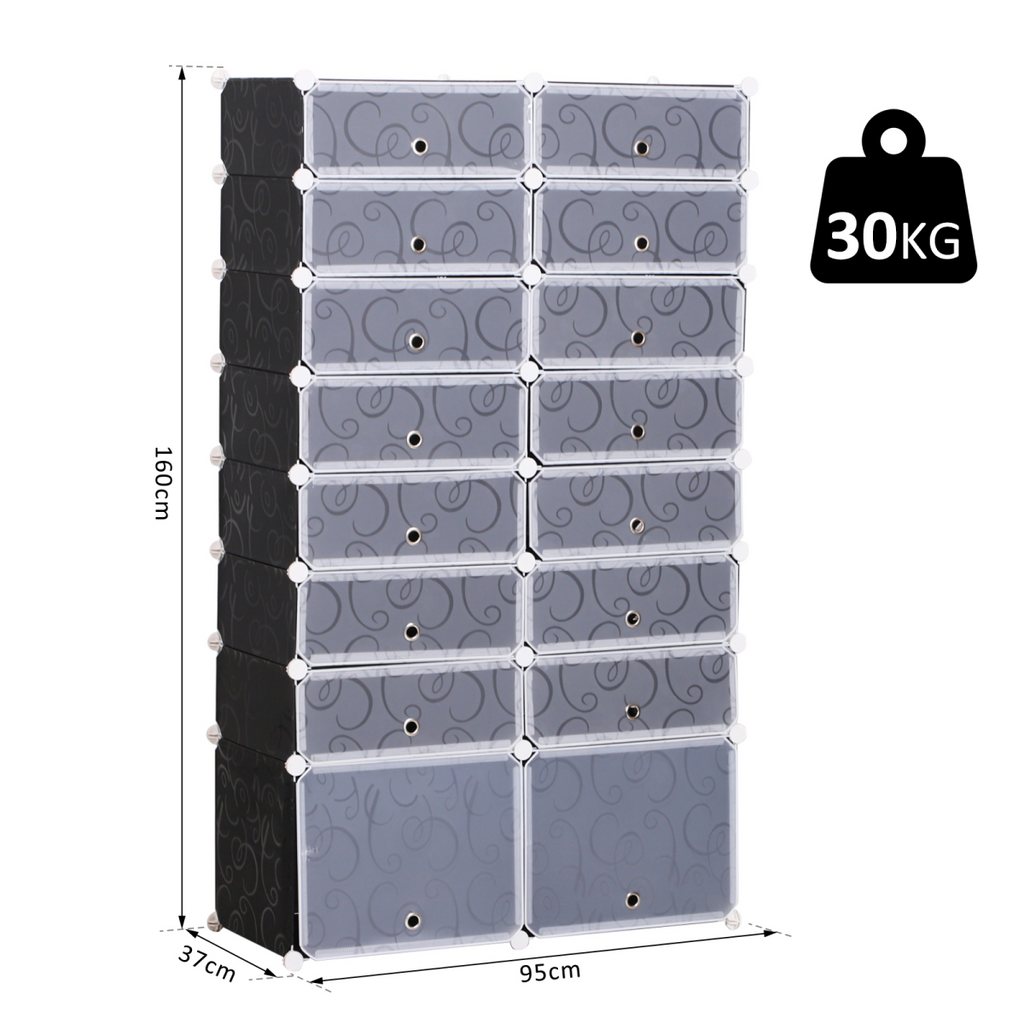 16-cube modular shoe rack in interlocking plastic, 160cm height, showcasing organized footwear storage solution.