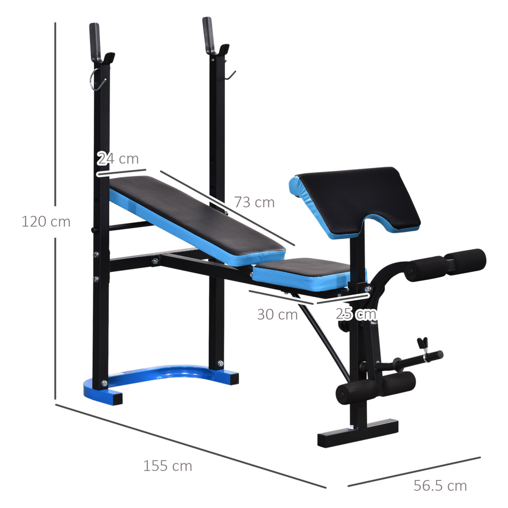 Adjustable Weight Bench with Leg Developer and Barbell Rack for home gym use, featuring sturdy construction and versatile design.