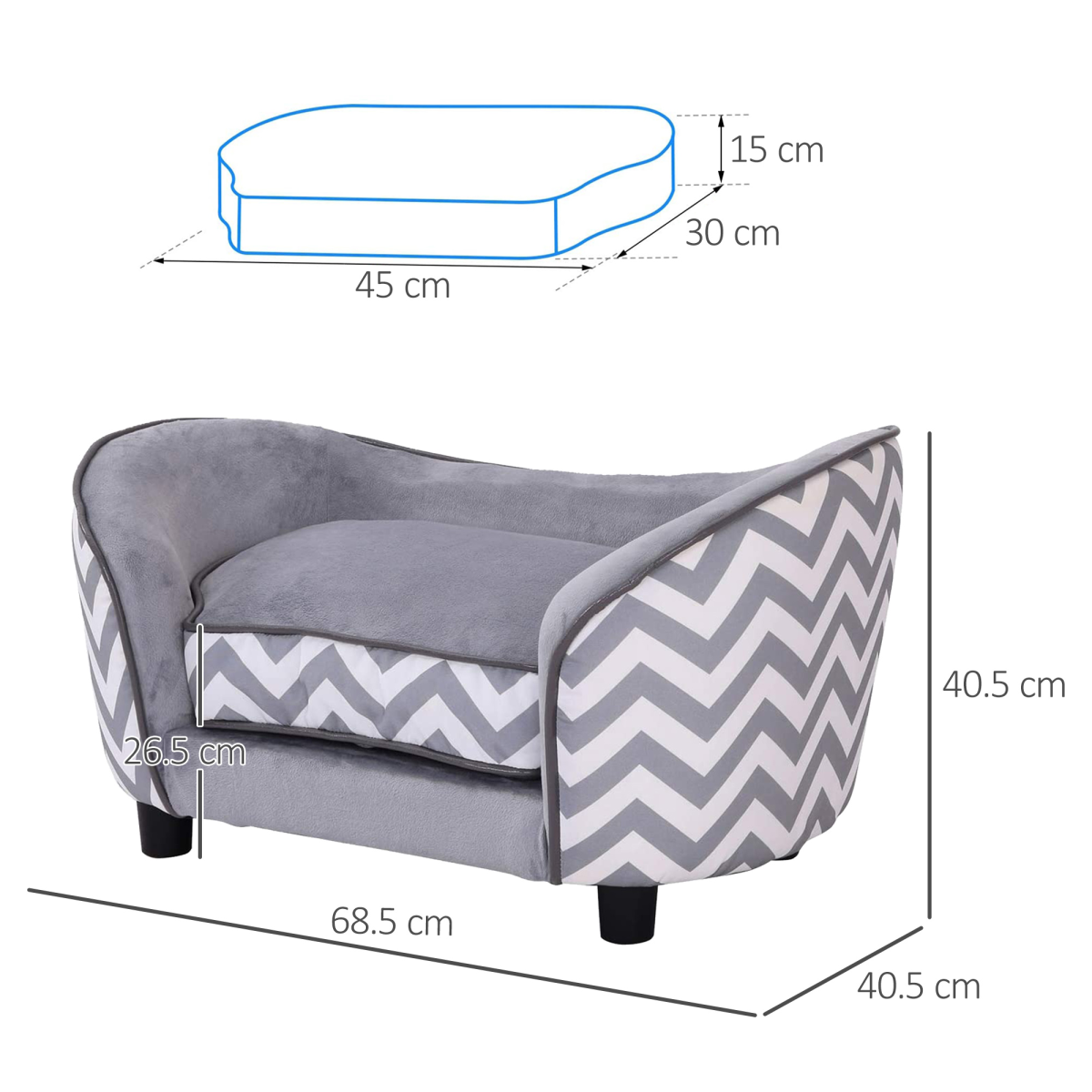 PawHut Dog Sofa Pet Couch for XS Dogs with Removable Sponge Padded Cushion Grey