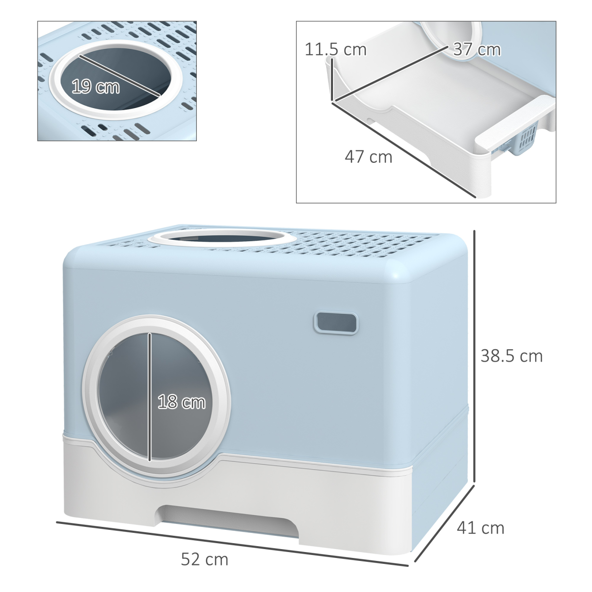 PawHut Enclosed Cat Litter Tray with Lid, Front Entry, Top Exit, Scoop - Blue