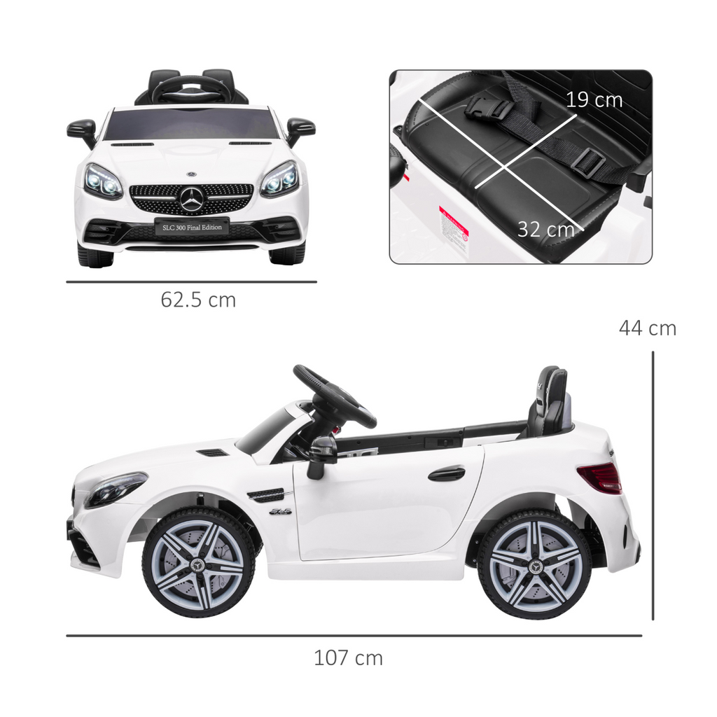 White HOMCOM Benz 12V kids electric ride-on car with remote control and music features, parked on a smooth surface.