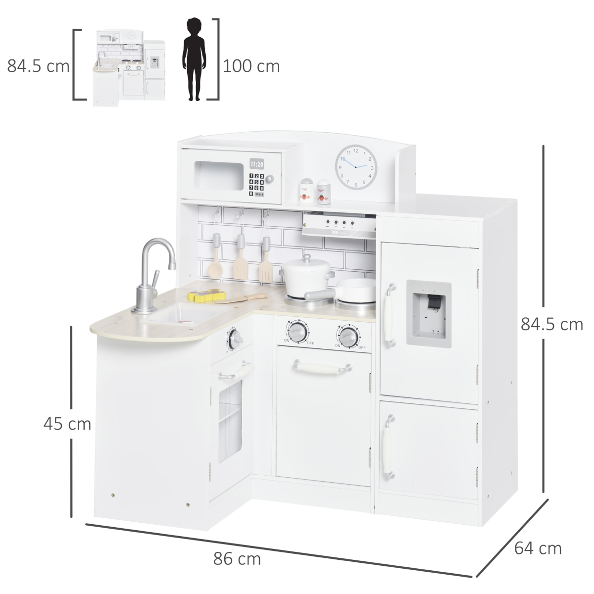 Kids HOMCOM Kitchen Play Toy Set with white drinking fountain and fun accessories for imaginative play.