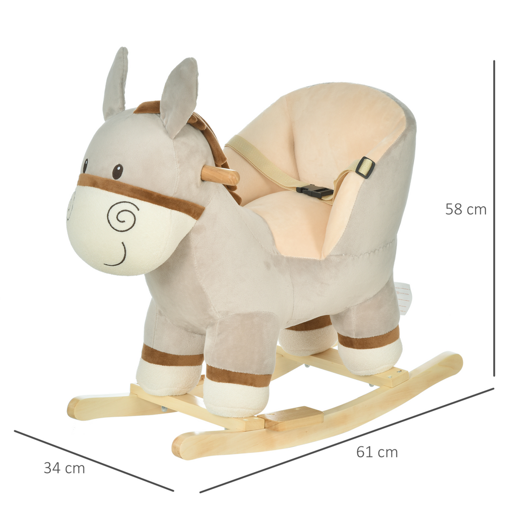 Kids rocking donkey plush ride-on by FunZone, featuring a sound button and safety seat belt for ages 18-36 months.