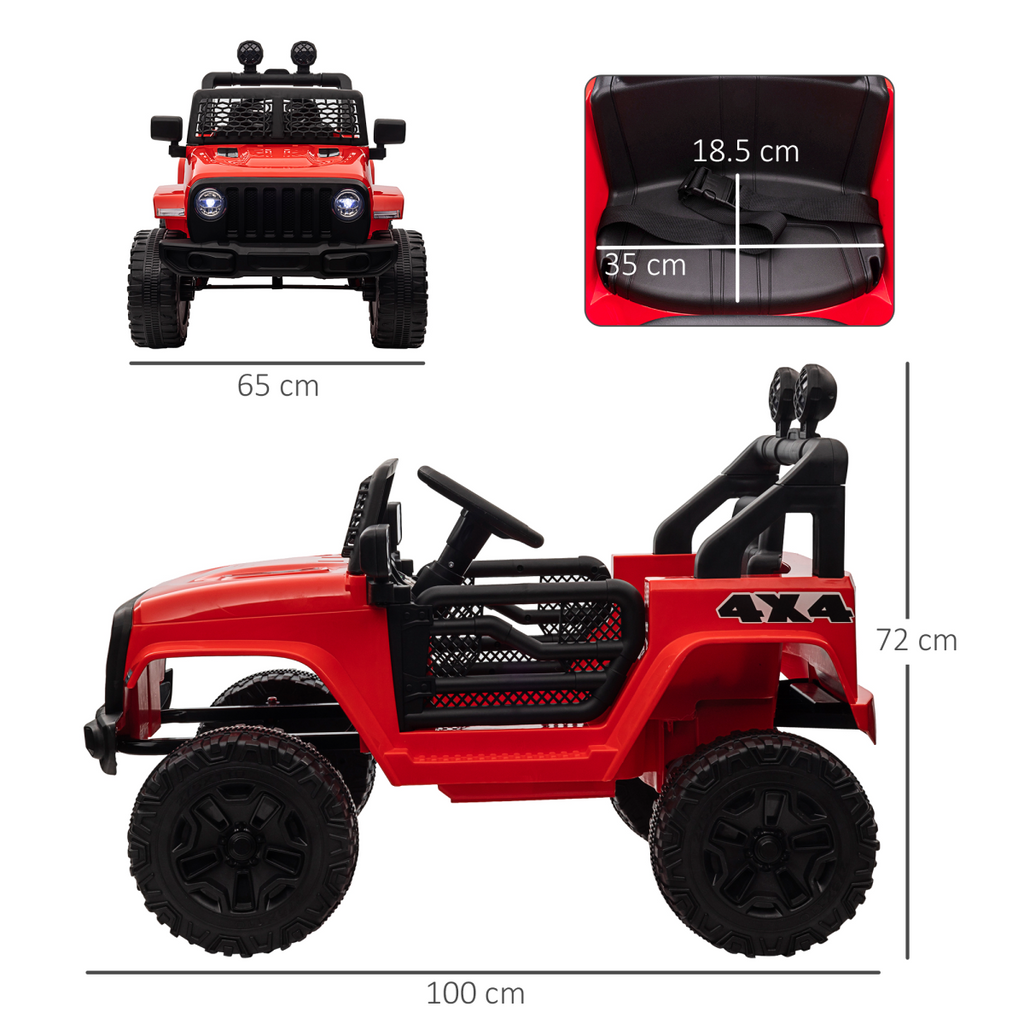 Red HOMCOM 12V Kids Electric Ride On Truck with remote control, designed for off-road fun and adventure.