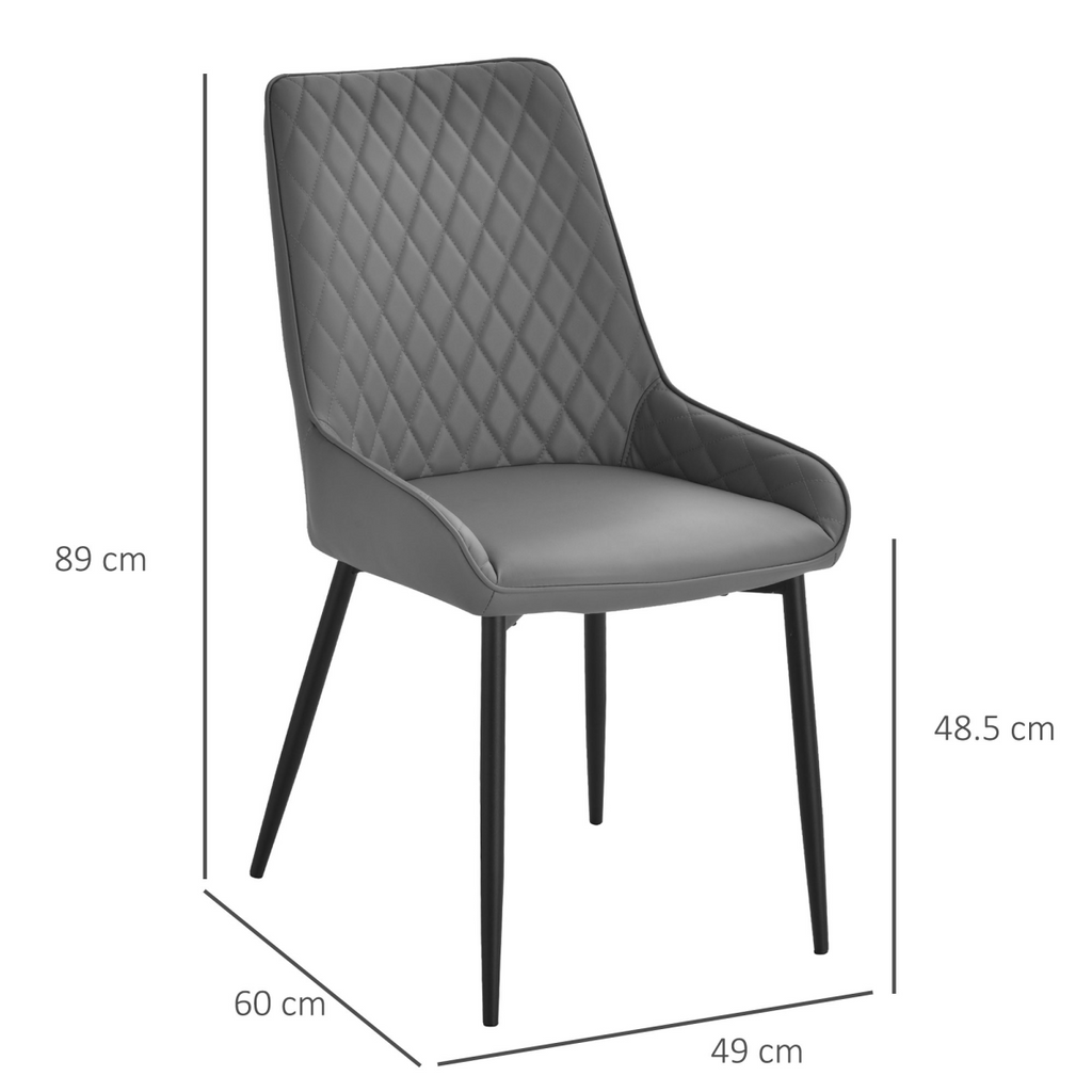 Set of 2 grey quilted PU leather dining chairs with metal frame by HOMCOM, showcasing a modern design.
