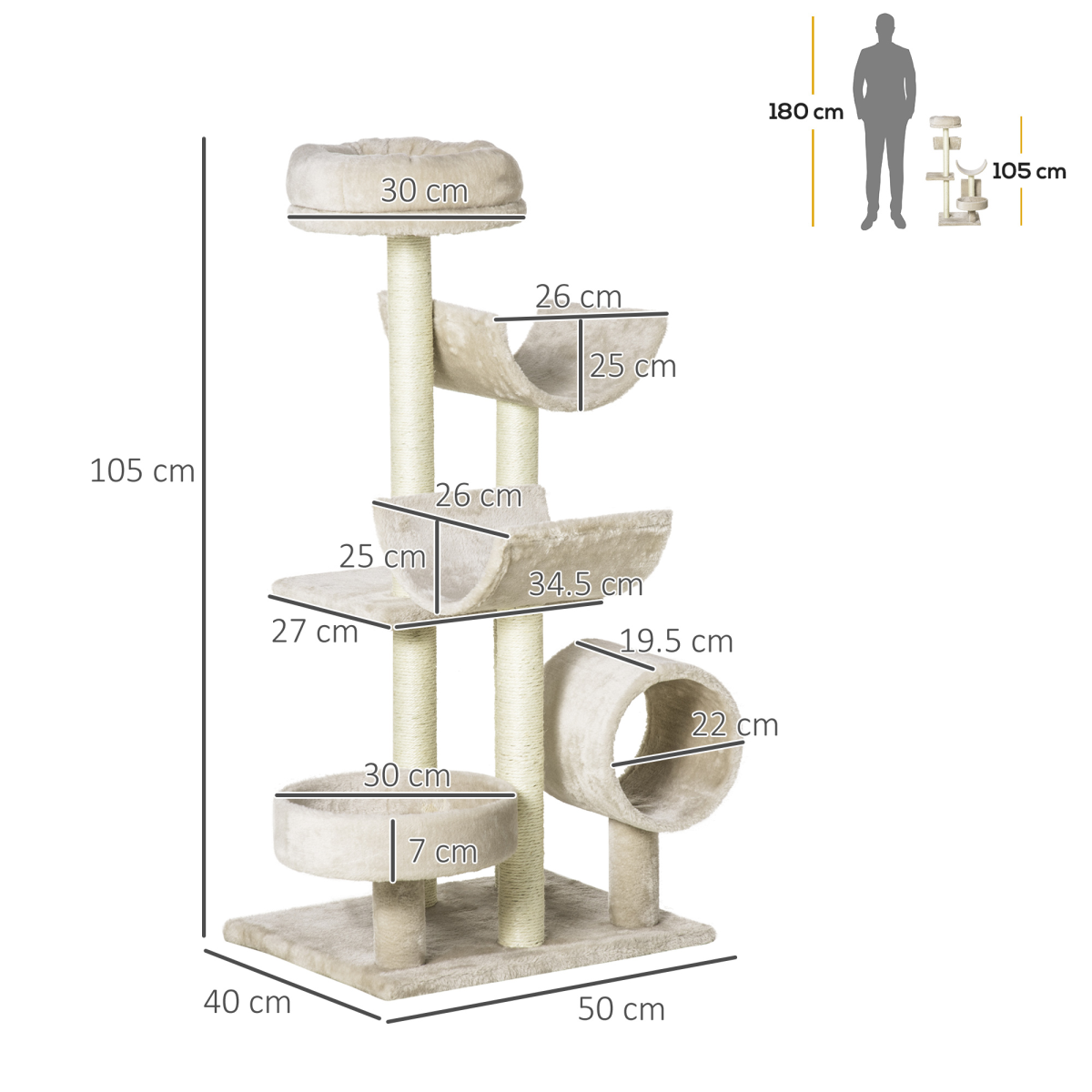 Beige multi-level cat tree by Pawhut featuring scratching posts, perches, and a tunnel for playful kitties.