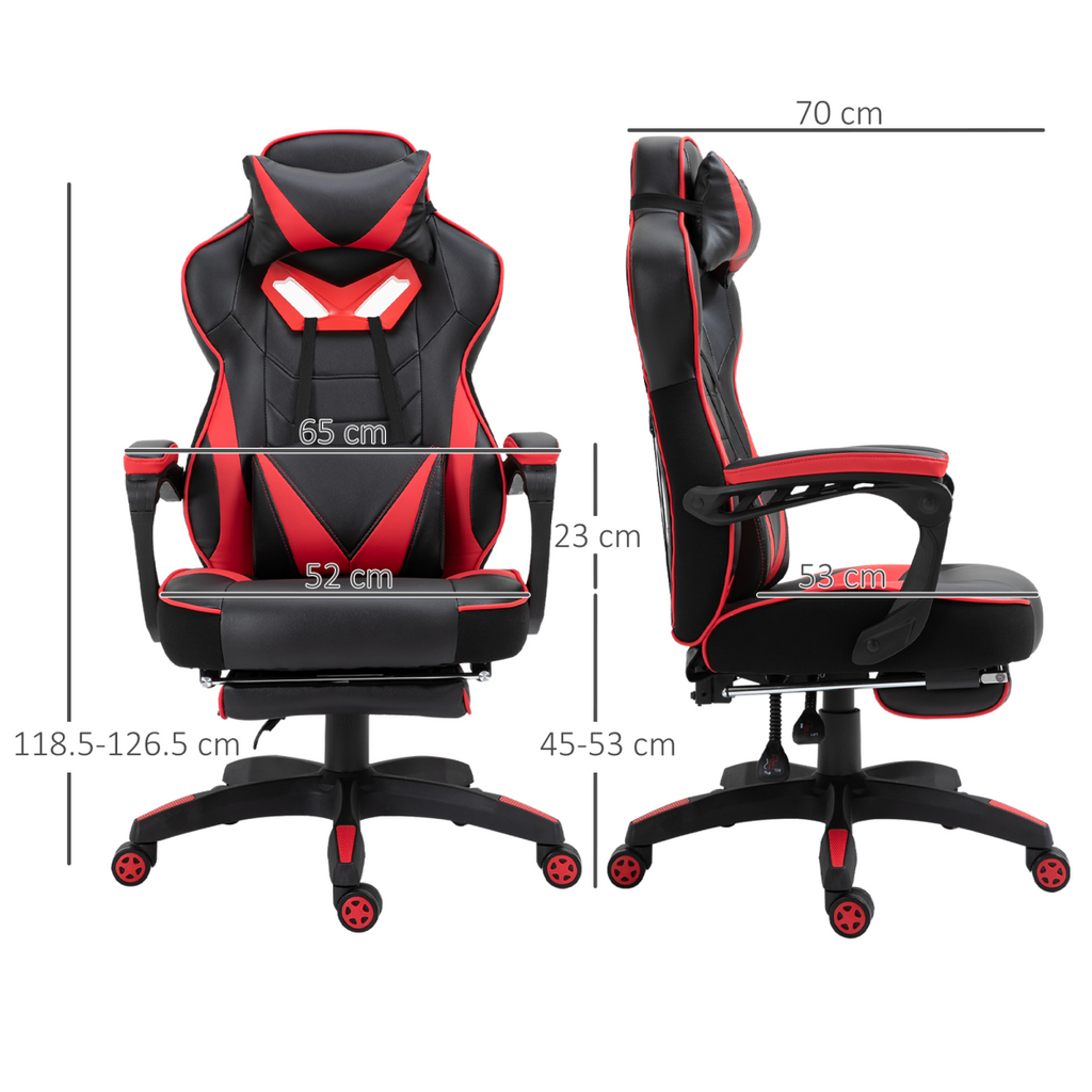 Red ergonomic gaming chair with reclining feature and manual footrest, designed for comfort in office or gaming setups.