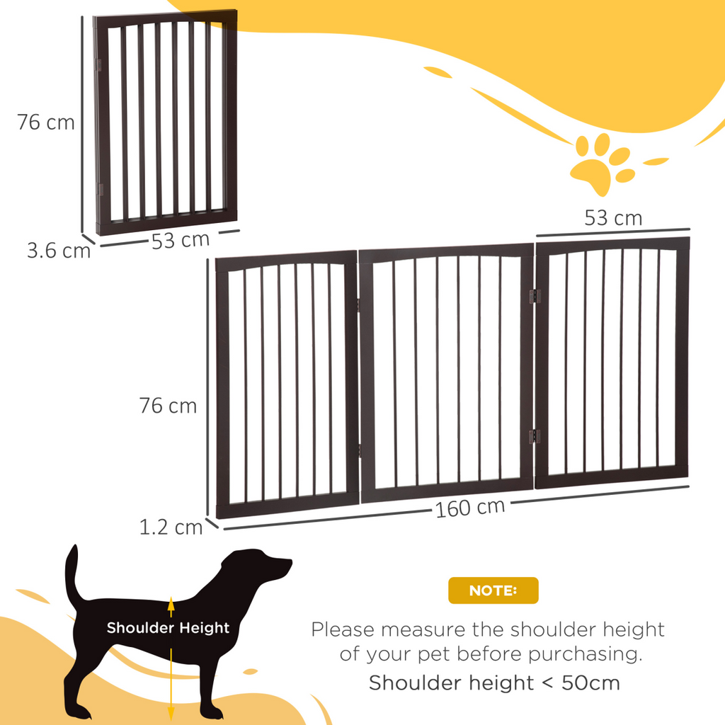 Folding Pawhut pet gate in pine wood, standing free with a durable design for indoor dog and child safety.