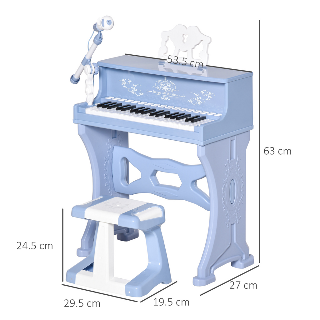 HOMCOM 37-key electric keyboard piano with microphone and stool, designed as an educational musical toy for children.