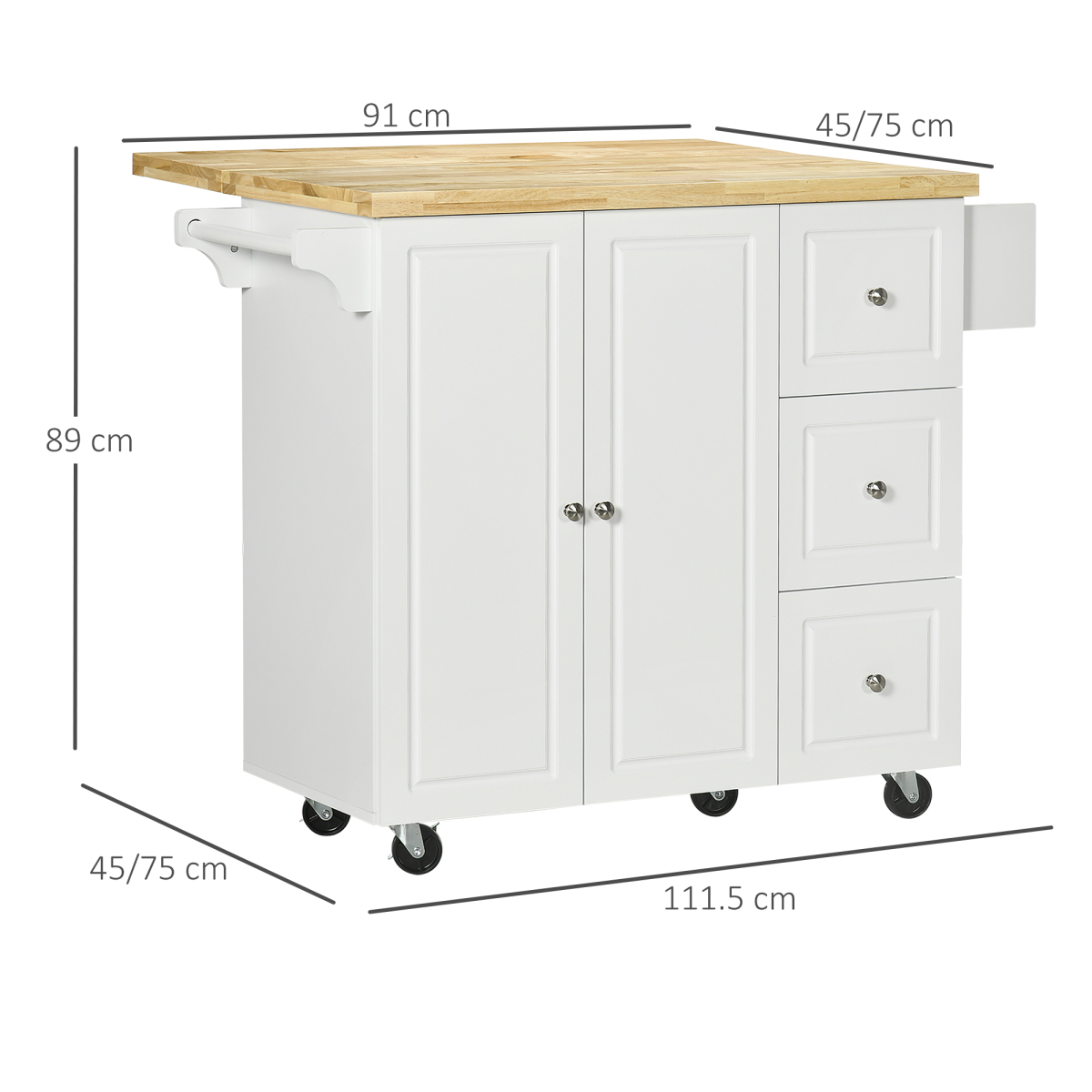 Drop-Leaf Kitchen Island on Wheels Utility Storage Cart with Drawers & Cabinet