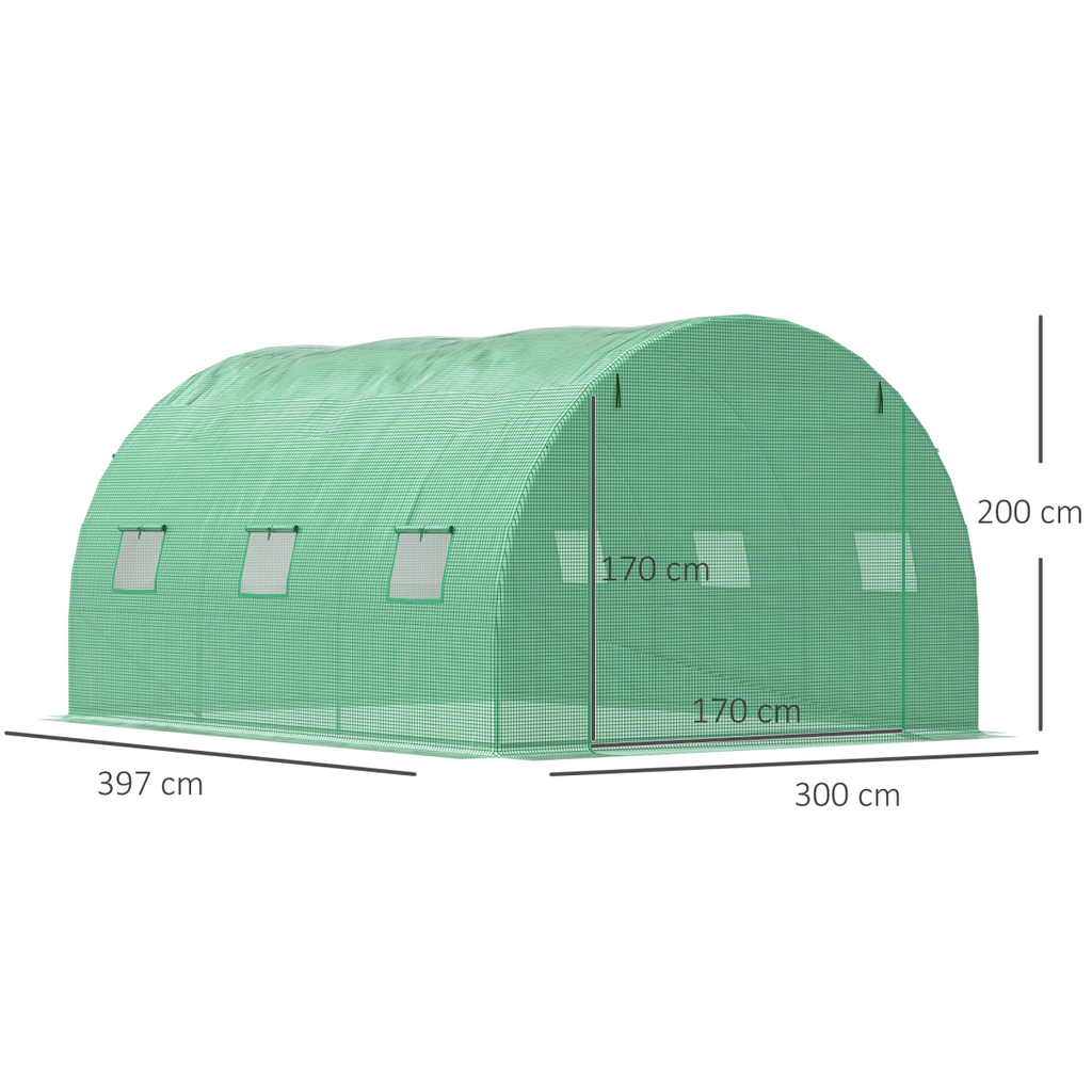 4x3x2m Tunnel Greenhouse Walk-In Hot House Roll Up Door & 6 Windows-Green