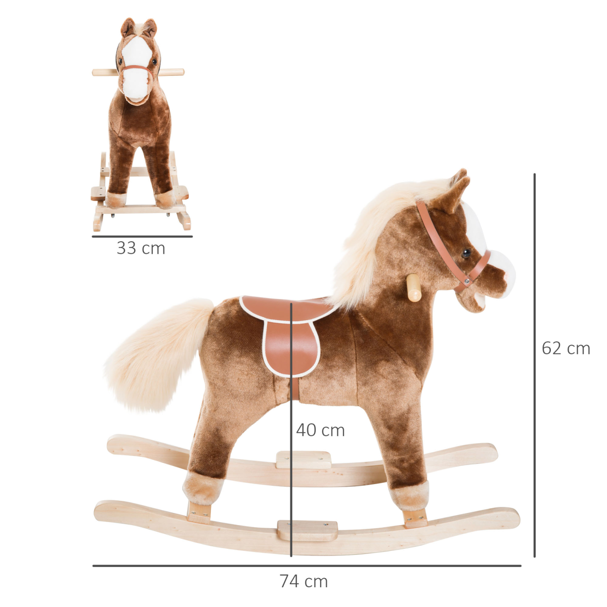 Kids wooden rocking horse by FunZone, featuring plush seat and sturdy design, ideal ride-on toy for toddlers.