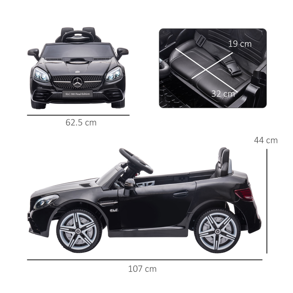 Black HOMCOM Benz 12V kids electric ride-on car with remote control and music features, parked in a sunny outdoor setting.