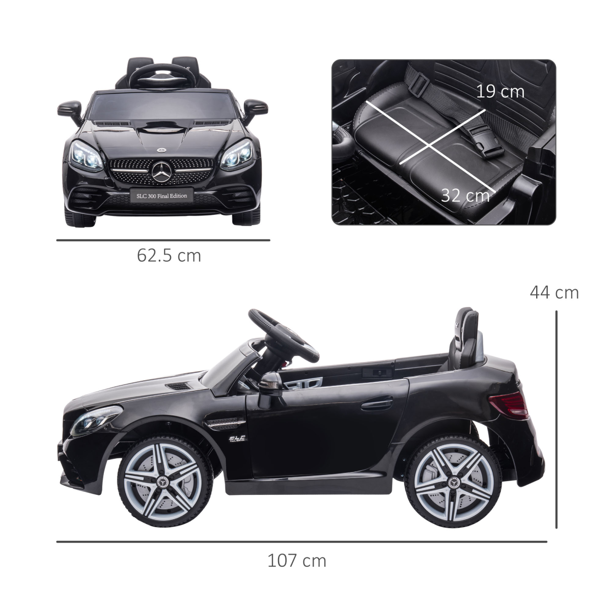 Black HOMCOM Benz 12V kids electric ride-on car with remote control and music features, parked in a sunny outdoor setting.