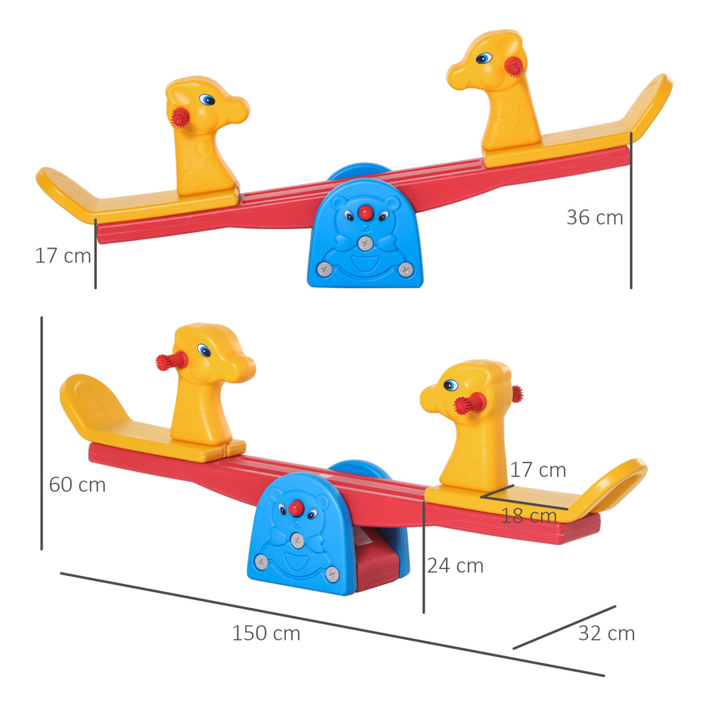 Kids seesaw with two seats and easy-grip handles by HOMCOM, designed for safe outdoor play and fun.