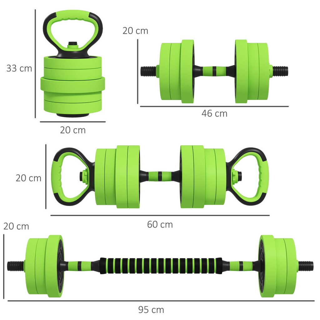 SPORTNOW 4-in-1 weight dumbbells set featuring barbell, kettlebell, and push-up stand, totaling 20kg.