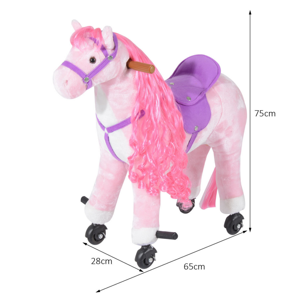 Child-sized plush mechanical walking ride-on horse toy by HOMCOM, featuring sound effects and a realistic design.
