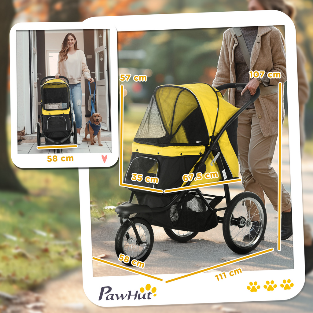 PawHut 3 Wheel Pet Stroller, for Medium Small Dogs, Foldable Cat Pram - Yellow