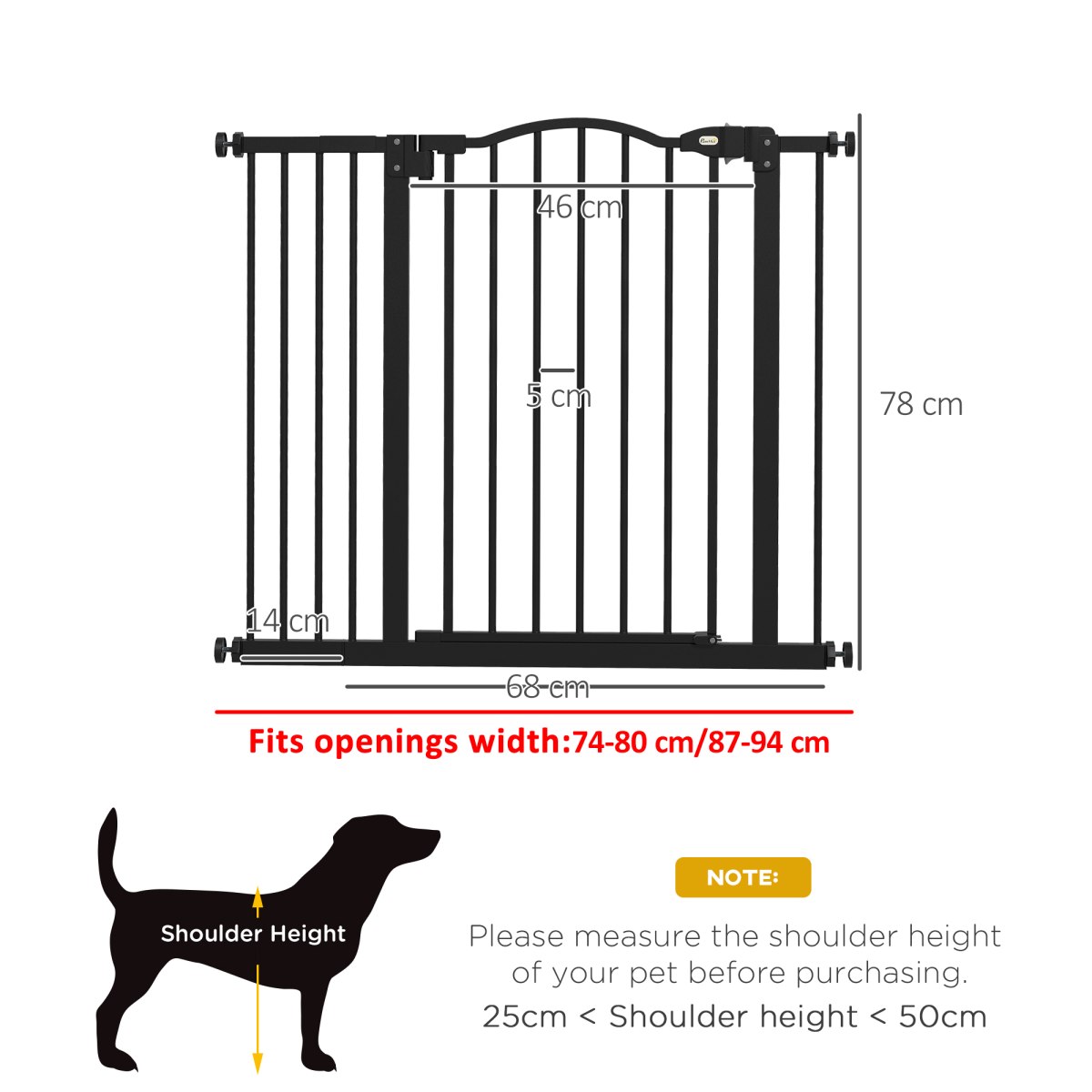 PawHut 74-94cm Adjustable Metal Pet Gate Safety Barrier w/ Auto-Close Black