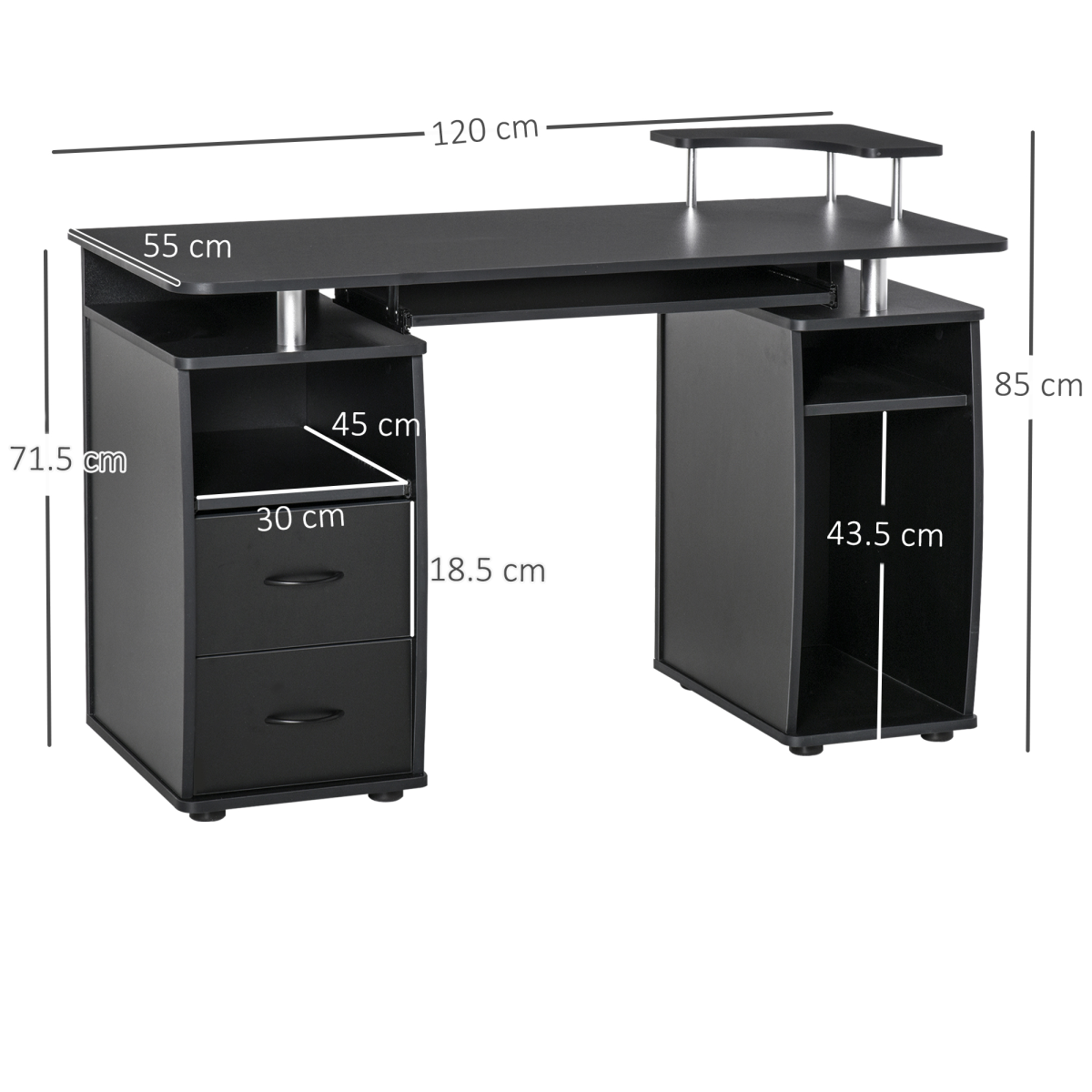 Black Computer Office Desk with Keyboard Tray, Drawer, and Monitor Shelf by HomeCraft in a modern workspace setting.