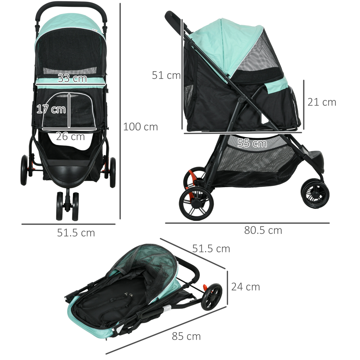 PawHut Dog Stroller for XS Dogs, S Dogs, Cats with Rain Cover - Green