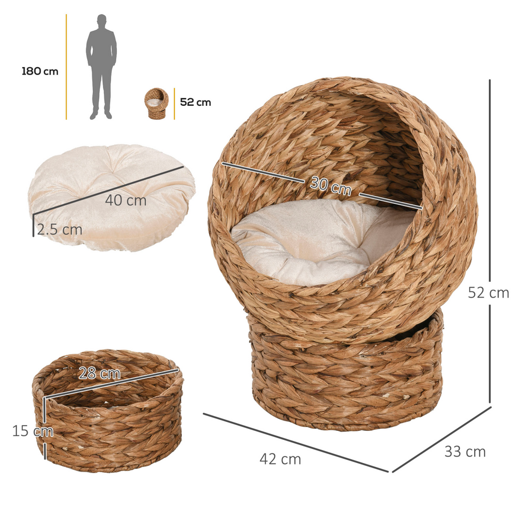 Wicker Cat House, Raised Cat Bed with Cylindrical Base, 42 x 33 x 52cm