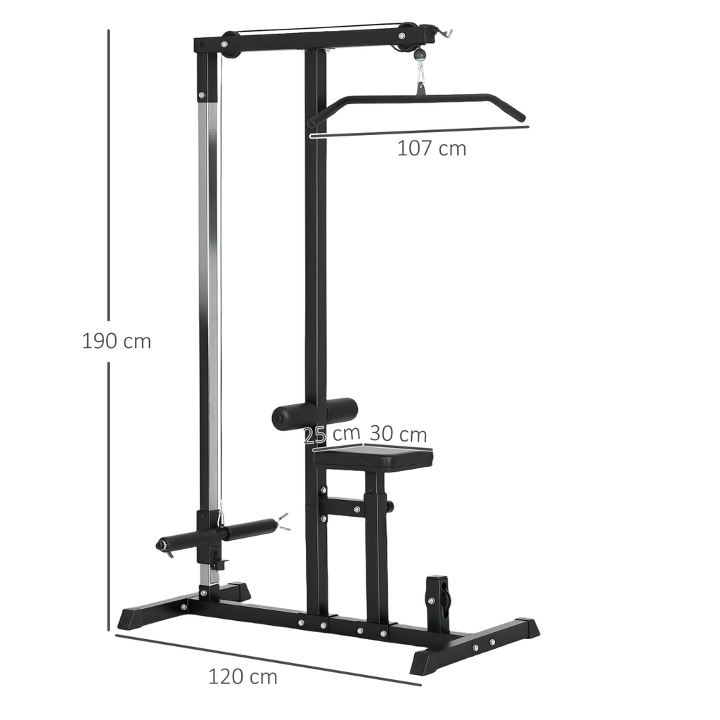 Exercise pulldown machine power tower featuring adjustable seat and cables in a home gym setting. ActiveGear brand.