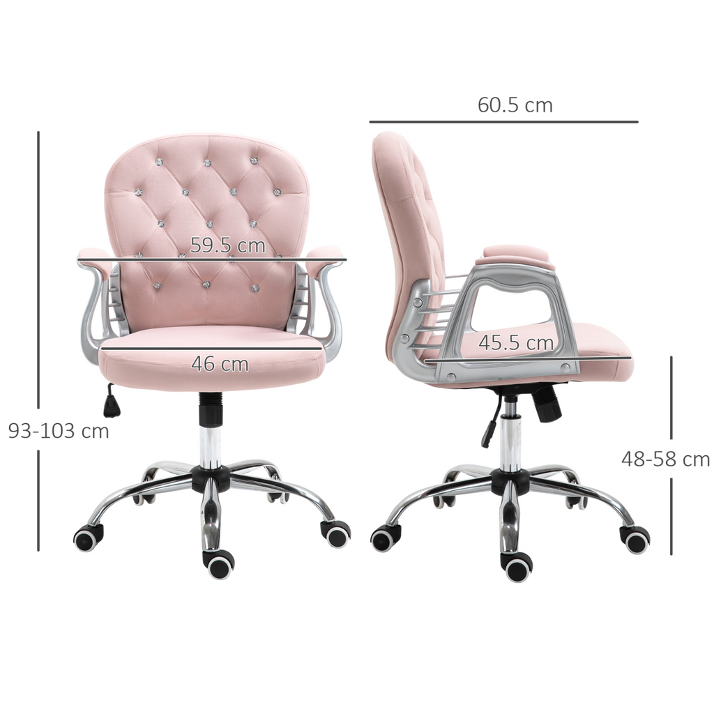 Luxury pink velour office chair with diamond tufting, padded ergonomic design, and 360° swivel feature.