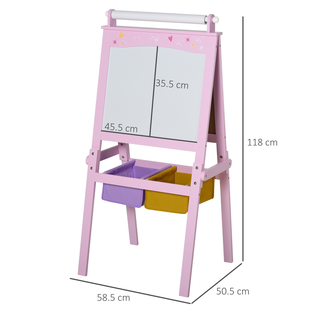 Kids wooden art easel with a paper roll and double-sided chalkboard, featuring vibrant colors and sturdy construction.