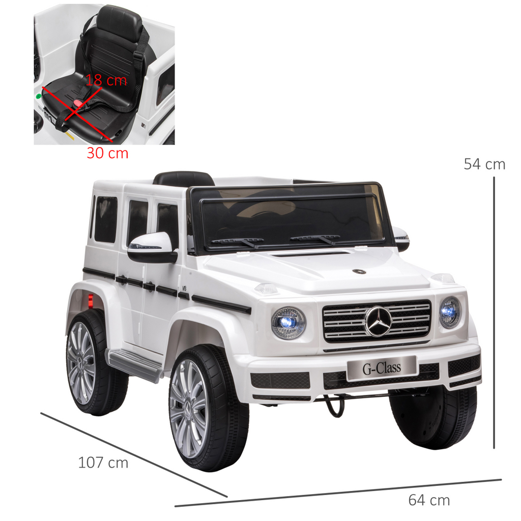 White Mercedes Benz G500 12V electric ride-on car for kids ages 3-8 with remote control, by FunZone.