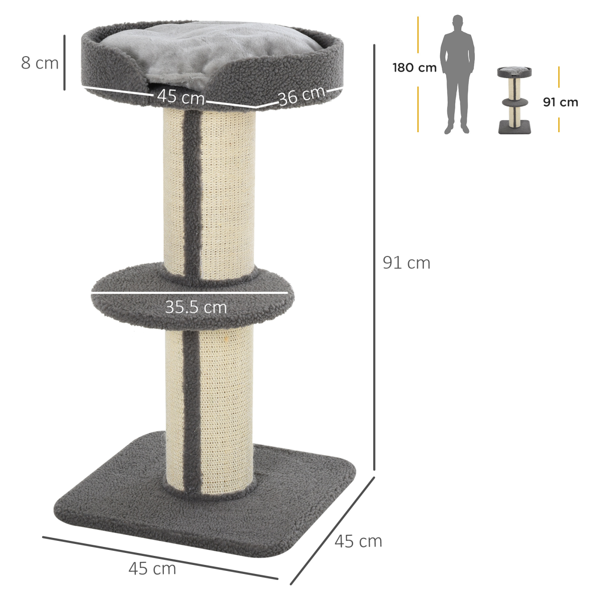 Pawhut 91cm cat tree with scratching post, lamb cashmere perch, and multiple levels for kitten play and relaxation.