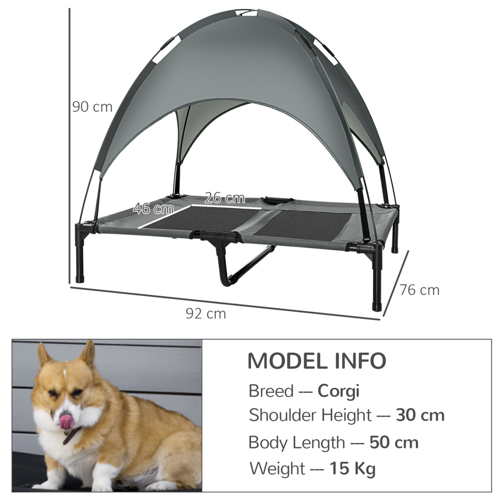 92 cm Elevated Dog Bed Cooling Raised Pet Cot UV Protection Canopy Grey Pawhut