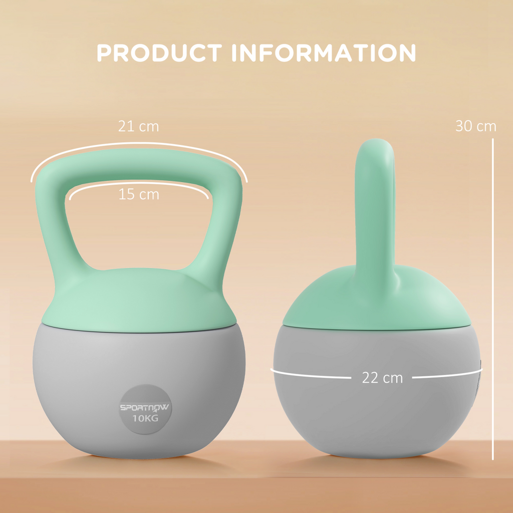 10KG SPORTNOW kettlebell with soft body and non-slip handle in grey and green, ideal for strength training workouts.
