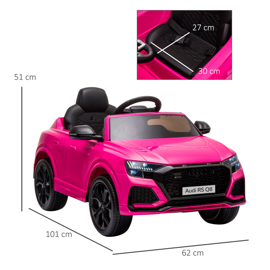 Pink Audi RS Q8 6V electric ride-on car for kids aged 3-5, featuring remote control and sleek design.