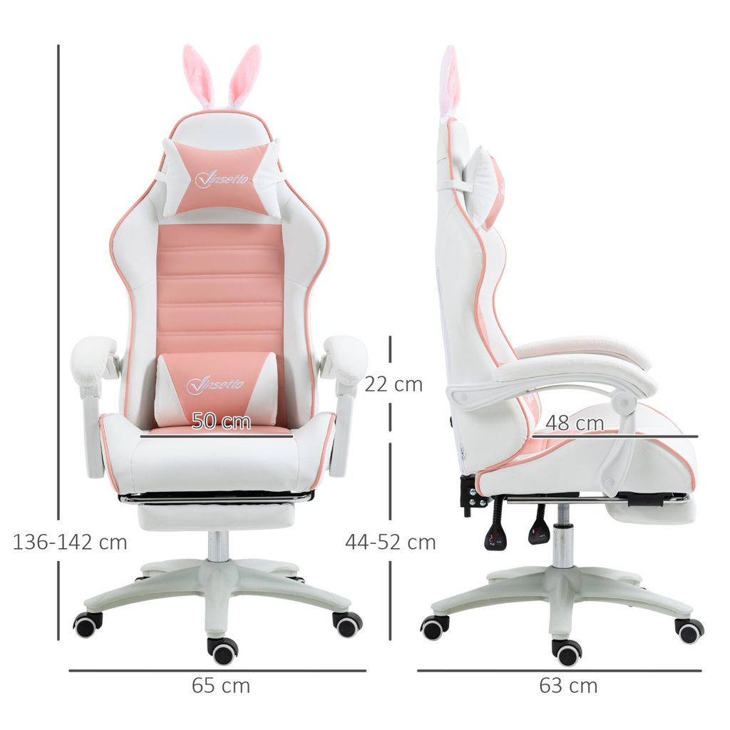 Vinsetto pink racing style gaming chair with footrest and removable rabbit ears, designed for comfort and style.