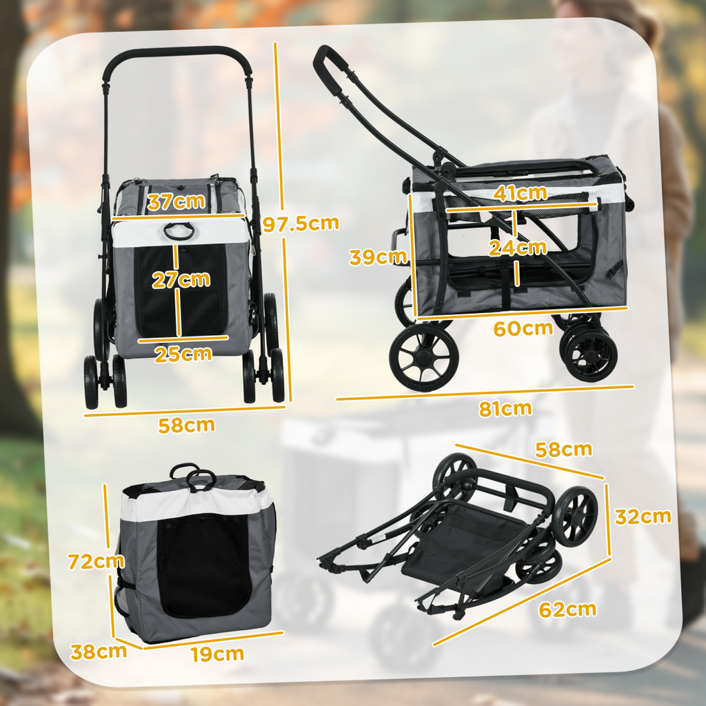 Foldable Pet Stroller with Detachable Carrier & Soft Padding - Grey