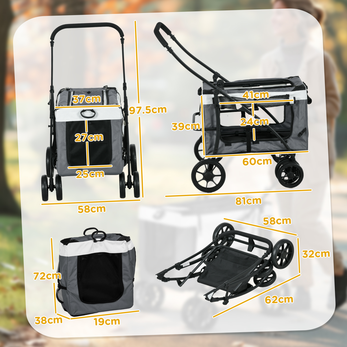 Foldable Pet Stroller with Detachable Carrier & Soft Padding - Grey