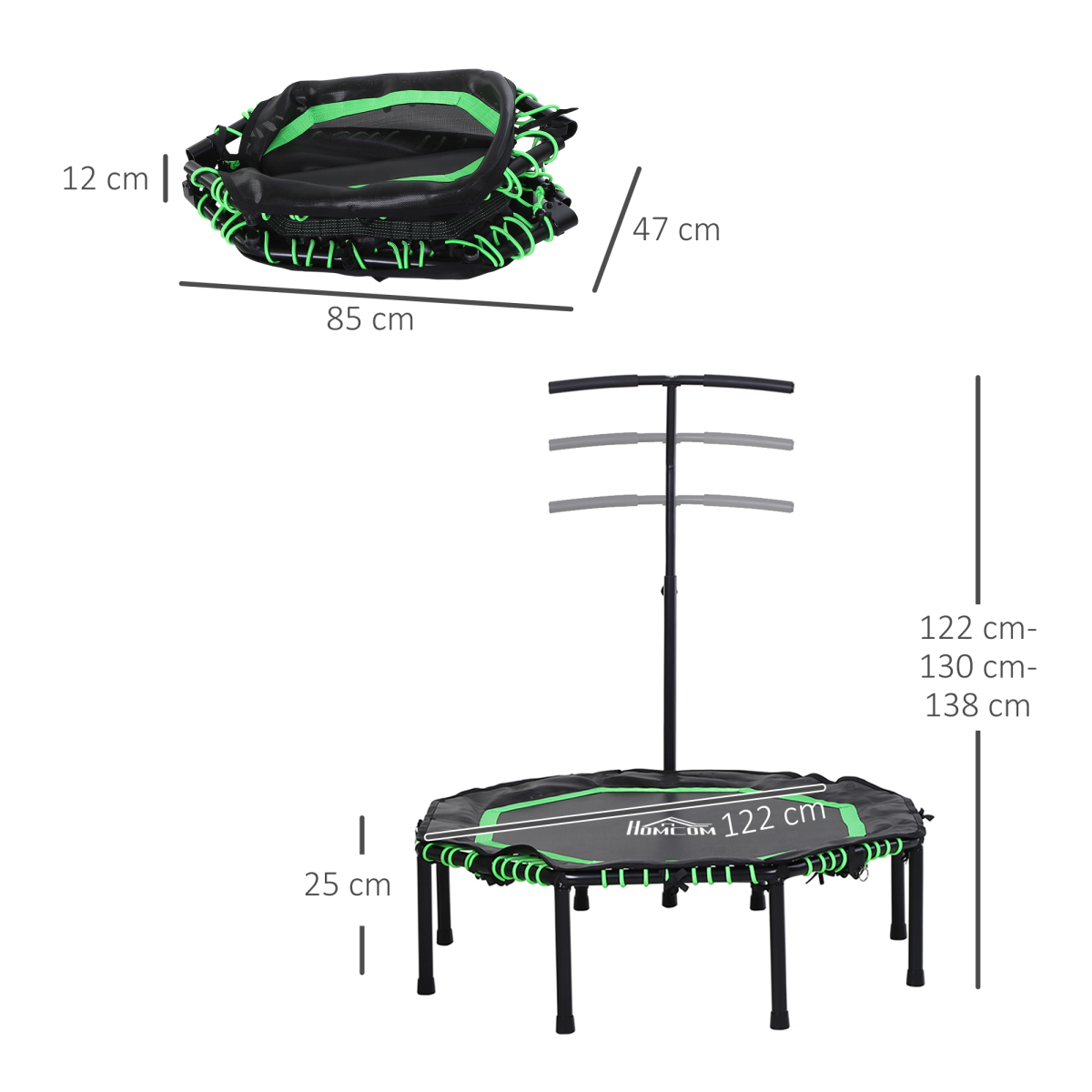 Green foldable trampoline with adjustable handle, designed for adults and teens, by HOMCOM.