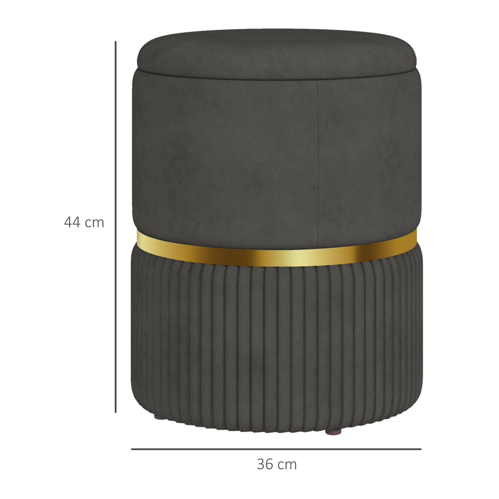 Grey velvet round storage pouffe with cushioned top and hidden space by HOMCOM, placed in a cozy living room setting.