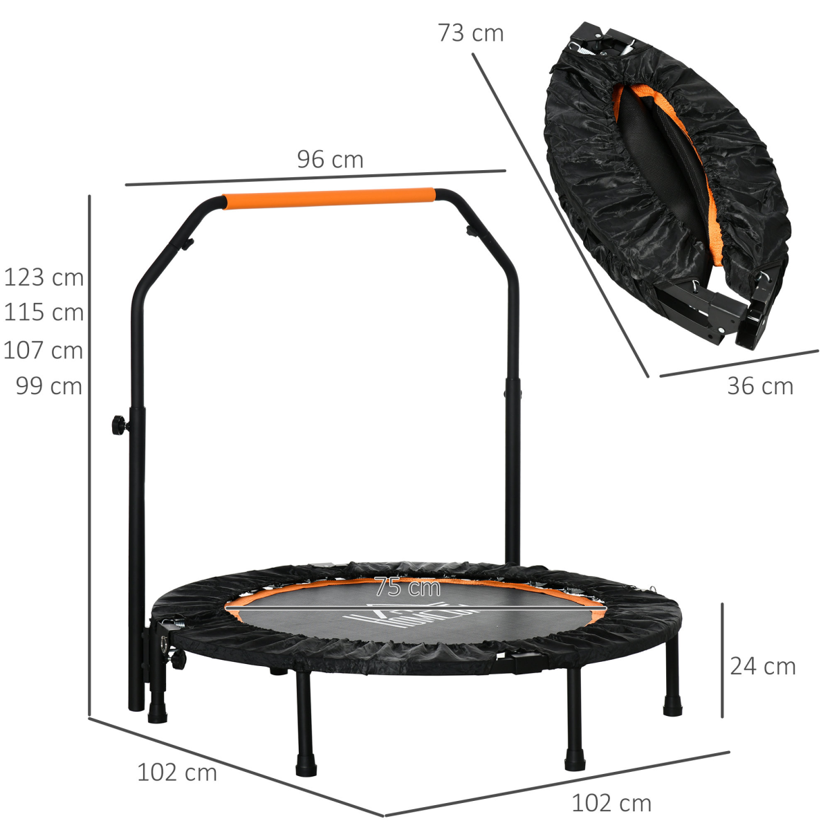 40" foldable mini fitness trampoline with adjustable foam handle, perfect for home workouts and exercise routines.