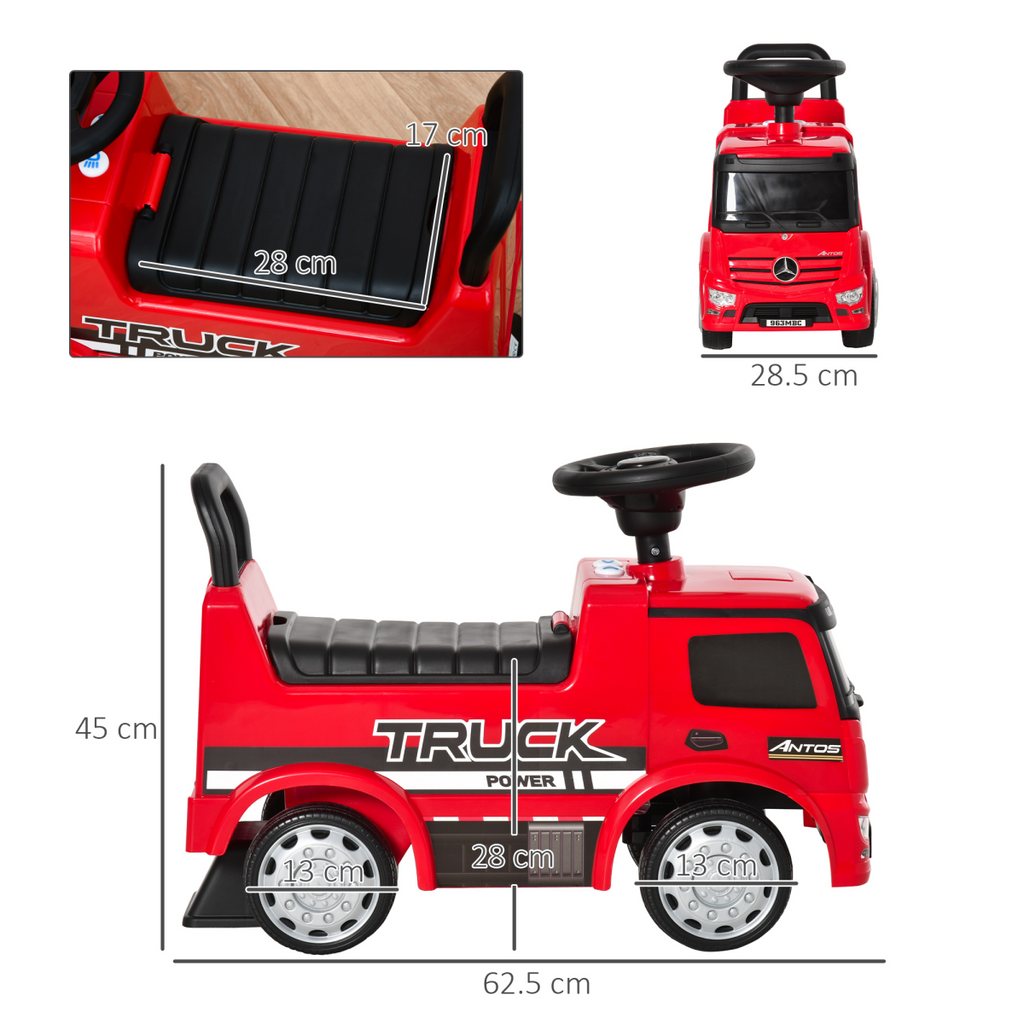Red HOMCOM 3-in-1 Ride On Car kids' Mercedes truck with storage, designed for ages 12 to 36 months.