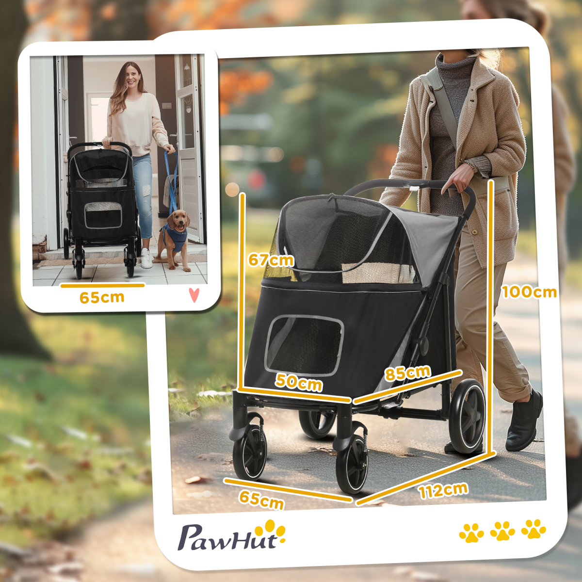 PawHut Foldable Dog Carriage w/ Universal Wheels, Shock Absorber - Black