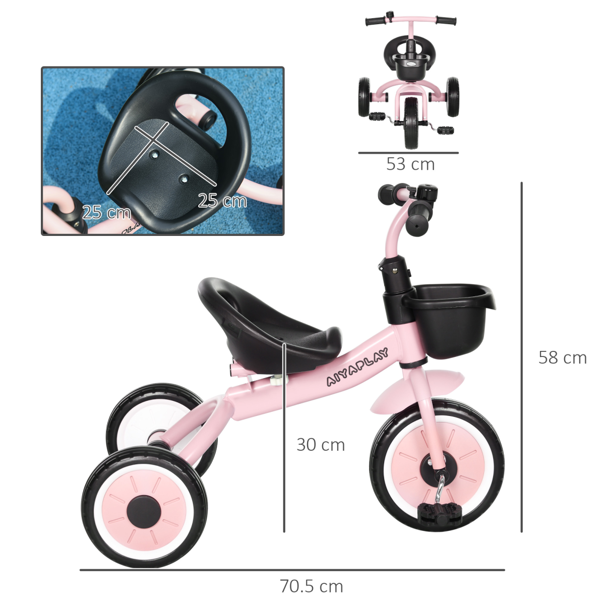 Pink Kids Trike by AIYAPLAY with adjustable seat, basket, and bell for ages 2-5 years, shown in a playful outdoor setting.